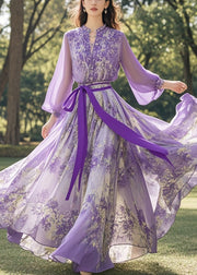 Italian Purple Cinched Print Chiffon Long Dress Fall