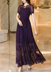 Italian Purple Embroidered Lace Up Chiffon Maxi Dress Summer