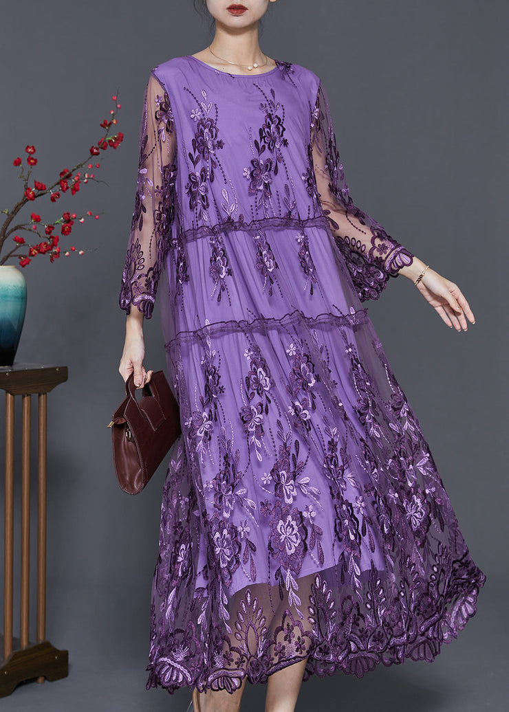 Italian Purple Embroidered Patchwork Tulle Long Dresses Summer