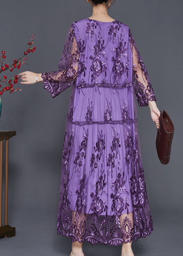 Italian Purple Embroidered Patchwork Tulle Long Dresses Summer