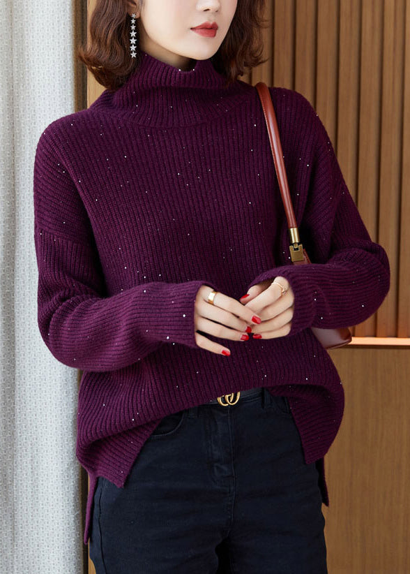 Italian Purple Hign Neck Sequins Knit Pullover Sweaters Winter