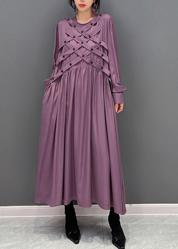 Italian Purple O-Neck Wrinkled Button Maxi Dresses Spring