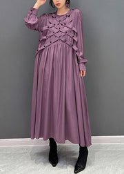 Italian Purple O-Neck Wrinkled Button Maxi Dresses Spring