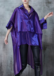 Italian Purple Oversized Asymmetrical Design Silk Long Shirt Summer