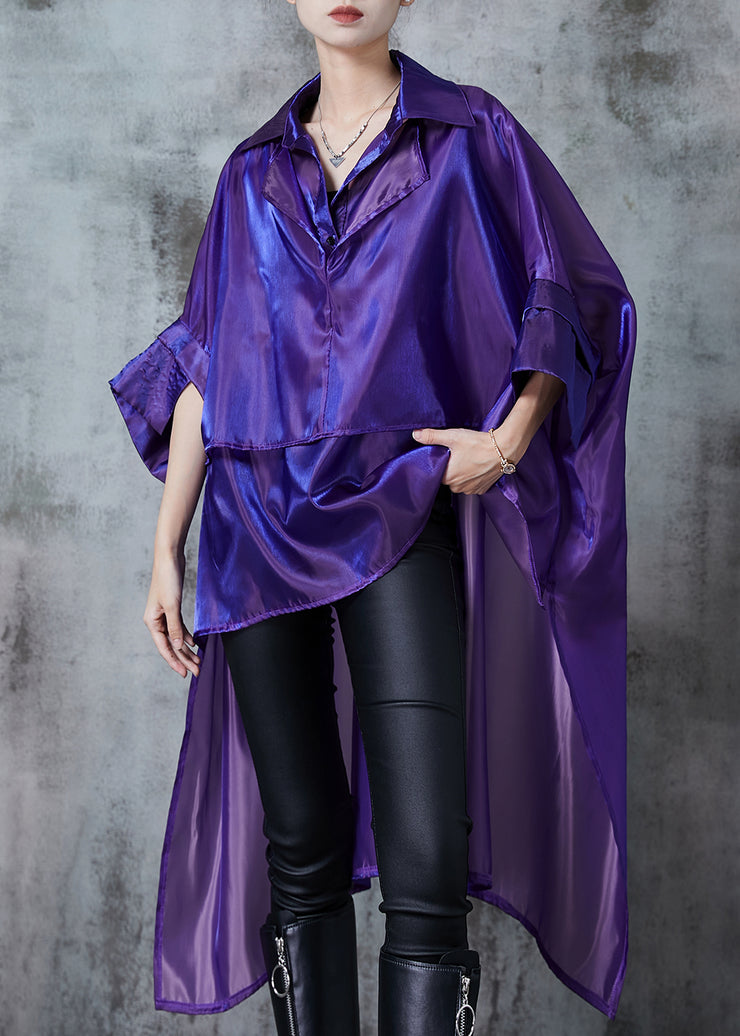 Italian Purple Oversized Asymmetrical Design Silk Long Shirt Summer