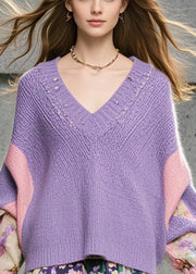 Italian Purple Oversized Patchwork Knit Sweaters Batwing Sleeve