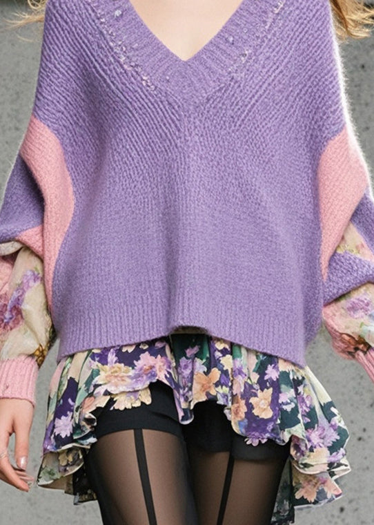 Italian Purple Oversized Patchwork Knit Sweaters Batwing Sleeve