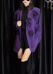 Italian Purple Pockets Floral Decorated Suit Coat Fall