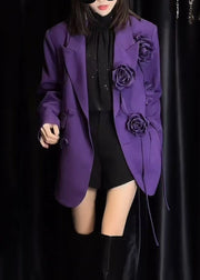 Italian Purple Pockets Floral Decorated Suit Coat Fall