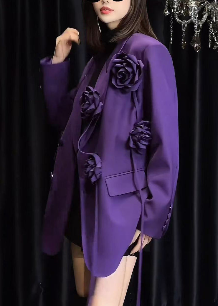 Italian Purple Pockets Floral Decorated Suit Coat Fall