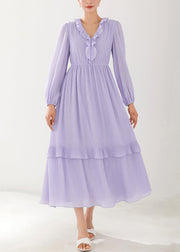 Italian Purple Ruffled Elastic Waist Silk Long Dresses Fall