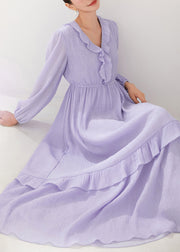 Italian Purple Ruffled Elastic Waist Silk Long Dresses Fall