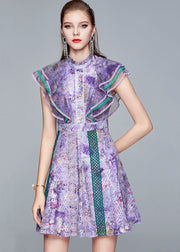 Italian Purple Ruffled Hollow Out Patchwork Lace Mid Dress Summer