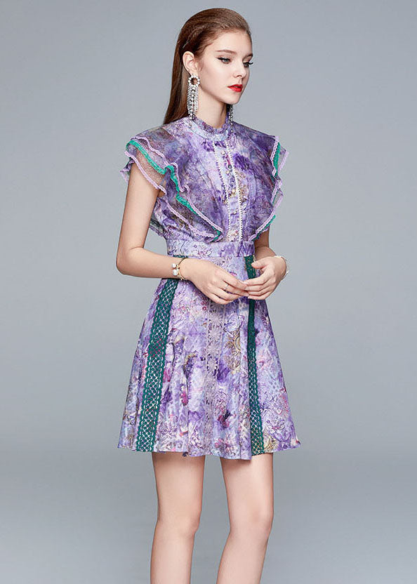 Italian Purple Ruffled Hollow Out Patchwork Lace Mid Dress Summer