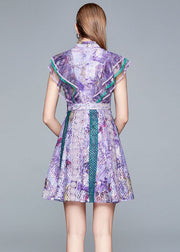 Italian Purple Ruffled Hollow Out Patchwork Lace Mid Dress Summer