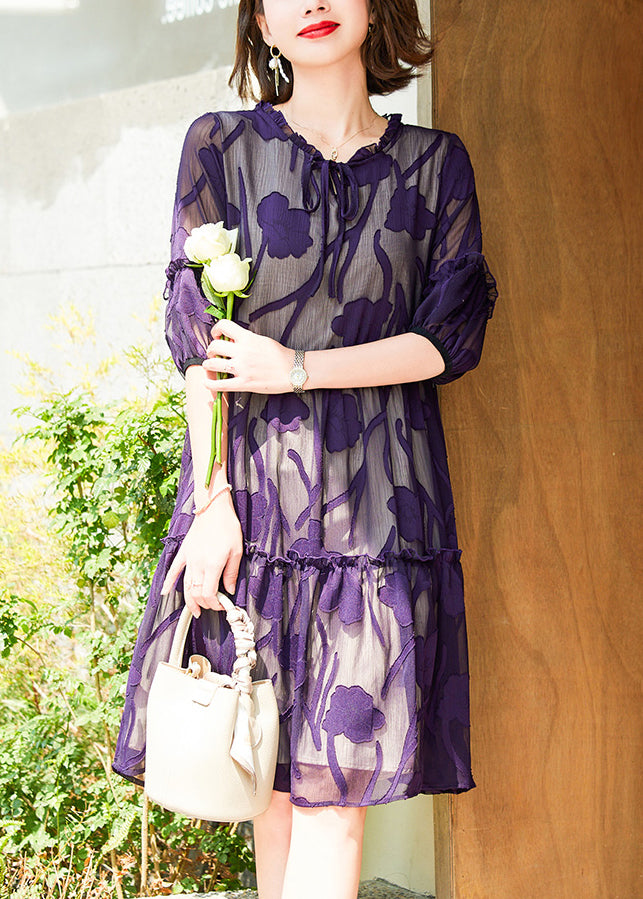 Italian Purple Ruffled Lace Up Chiffon Dresses Half Sleeve