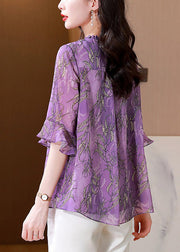 Italian Purple Ruffled Print Chiffon Blouses Summer