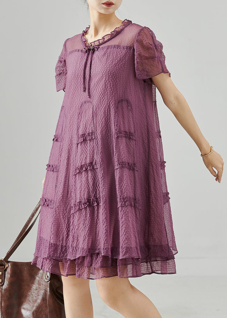 Italian Purple Ruffled Tasseled Silk Tea Dress Summer