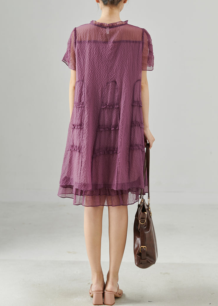 Italian Purple Ruffled Tasseled Silk Tea Dress Summer