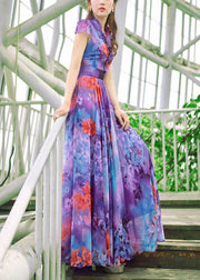 Italian Purple Stand Collar Print Chiffon Maxi Beach Dresses Summer