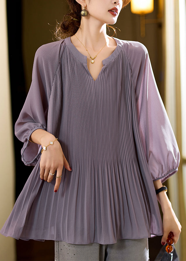 Italian Purple V Neck Wrinkled Chiffon Blouse Top Fall