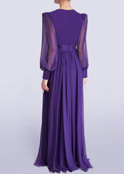 Italian Purple V Neck Wrinkled Chiffon Maxi Dresses Fall