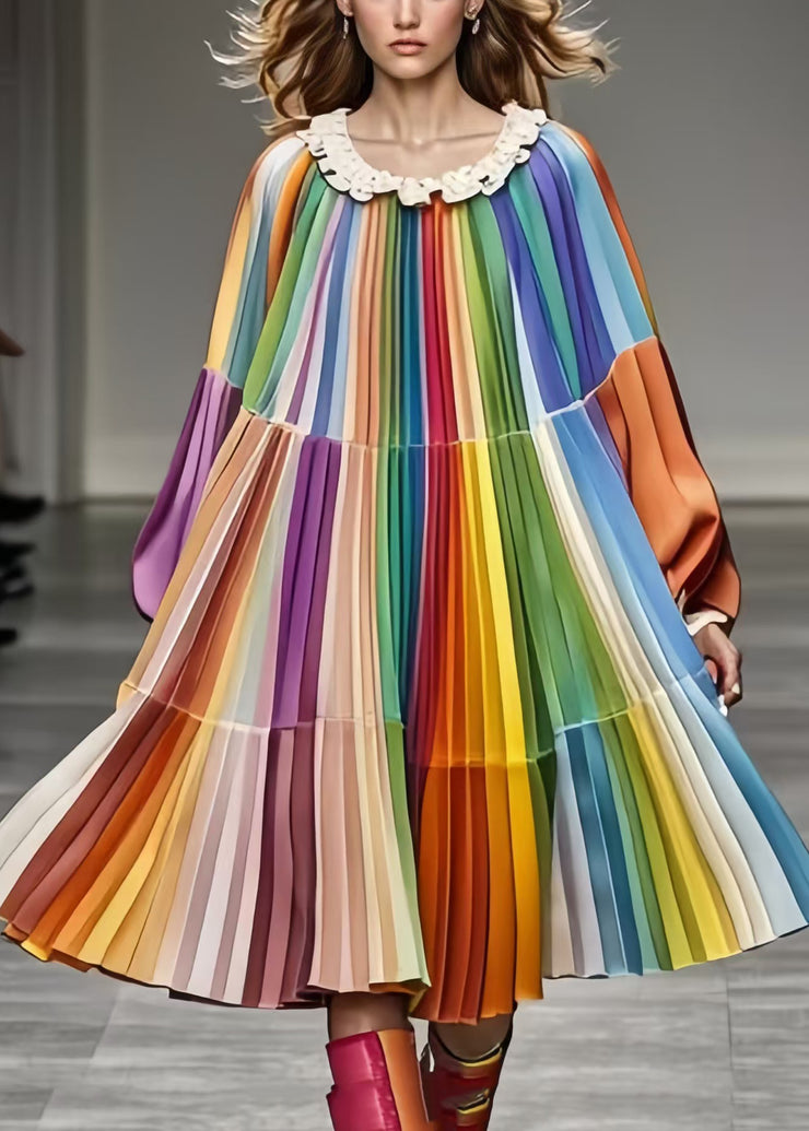 Italian Rainbow Oversized Patchwork Chiffon Pleated Dress Fall