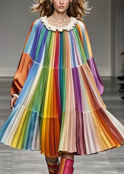 Italian Rainbow Oversized Patchwork Chiffon Pleated Dress Fall