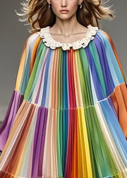 Italian Rainbow Oversized Patchwork Chiffon Pleated Dress Fall