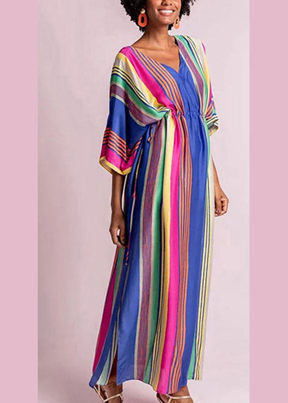 Italian Rainbow Striped Drawstring Elastic Waist Maxi Dress Half Sleeve