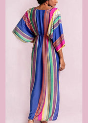 Italian Rainbow Striped Drawstring Elastic Waist Maxi Dress Half Sleeve