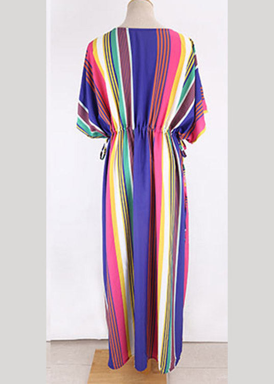 Italian Rainbow Striped Drawstring Elastic Waist Maxi Dress Half Sleeve