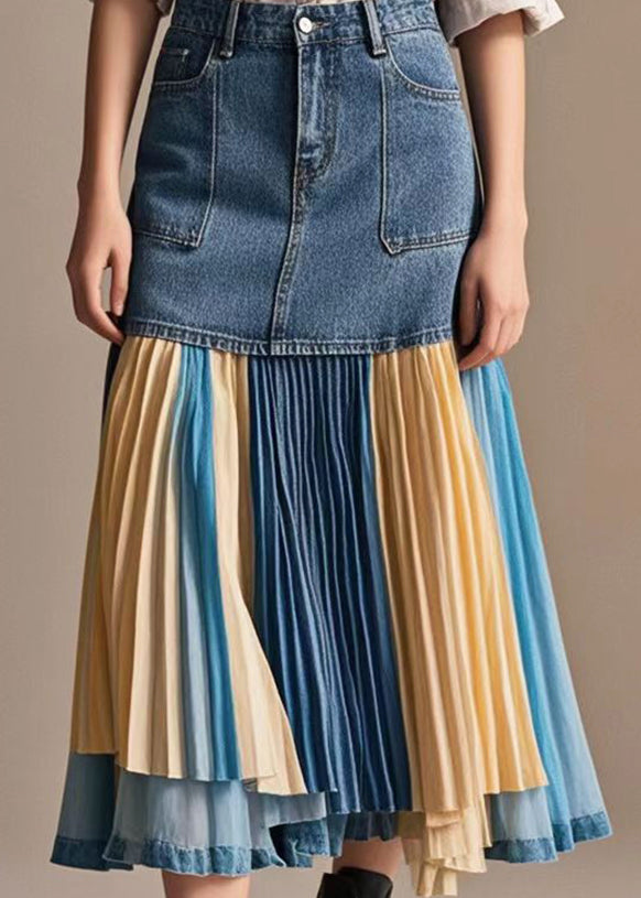 Italian Rainbow Striped Patchwork Denim Pleated Skirt Fall