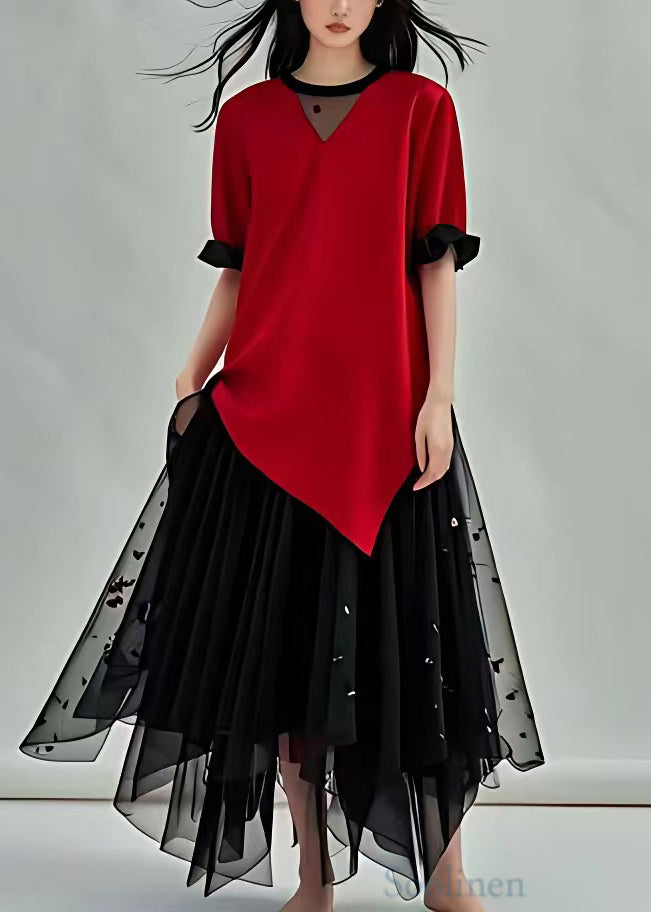 Italian Red Asymmetrical Tulle Patchwork Long Dresses Butterfly Sleeve