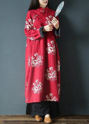 Italian Red Button Print Patchwork Fleece Long Dress Spring