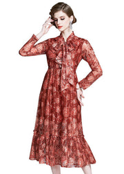 Italian Red Embroideried Bow Ruffled Patchwork Chiffon Dresses Long Sleeve