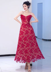 Italian Red Embroidered Hollow Out Lace Maxi Dresses Summer