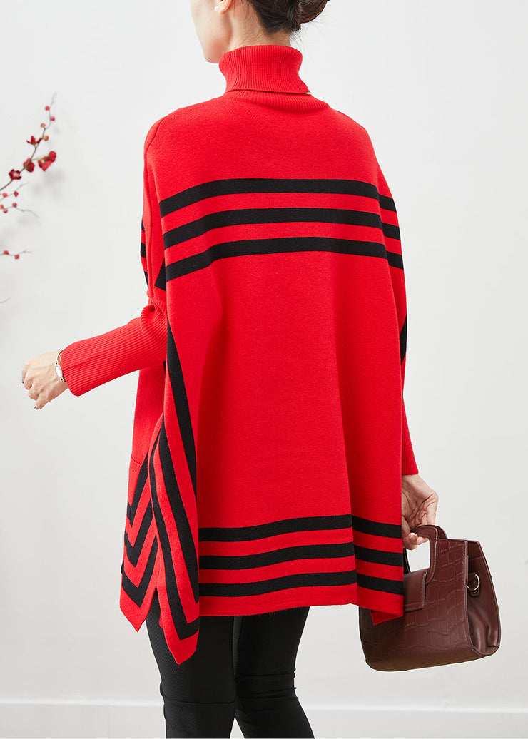 Italian Red High Neck Oversized Striped Knit Sweater Tops Fall