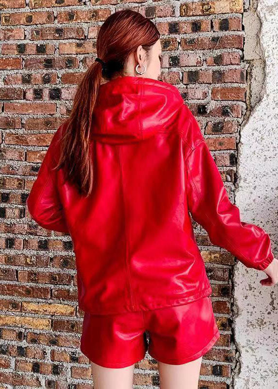 Italian Red Hooded Patchwork Faux Leather Two Piece Set Clothing Fall