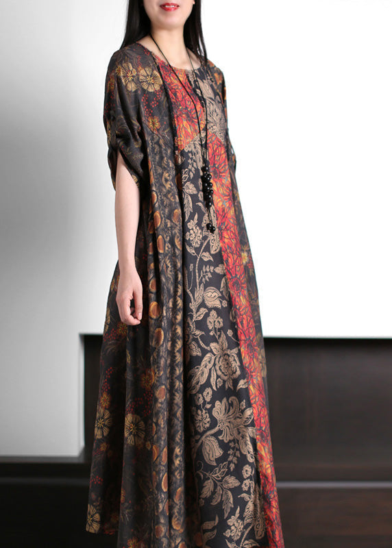 Italian Red O-Neck Print Patchwork Silk Long Dress Half Sleeve