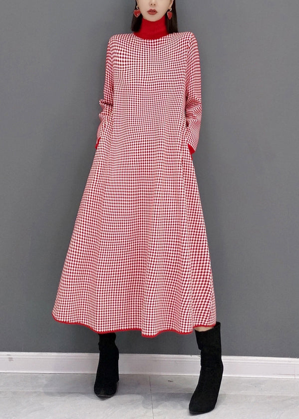 Italian Red Plaid Hign Neck Patchwork Knit Long Dresses Fall