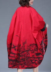 Italian Red Print Button Pockets Patchwork Cotton Long Trench Coat Fall