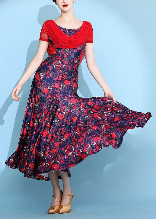 Italian Red Print Lace Patchwork Long Dresses Summer