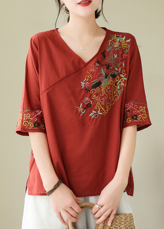 Italian Red Solid Side Open Cotton Top Half Sleeve