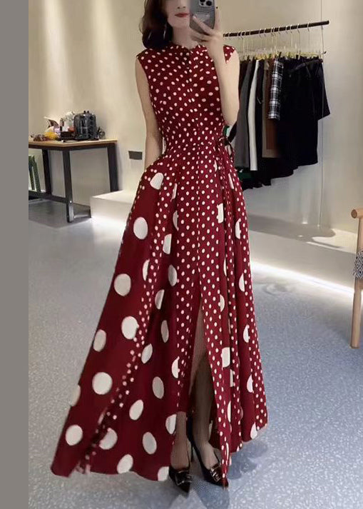 Italian Red Stand Collar Dot Side Open Cotton Dress Sleeveless
