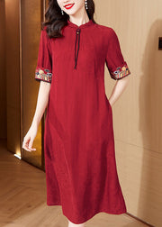 Italian Red Stand Collar Embroidered Maxi Dresses Short Sleeve