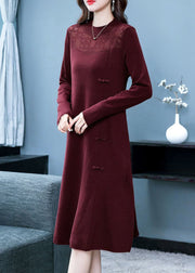 Italian Red Stand Collar Patchwork Oriental Cashmere Knitwear Dress Winter