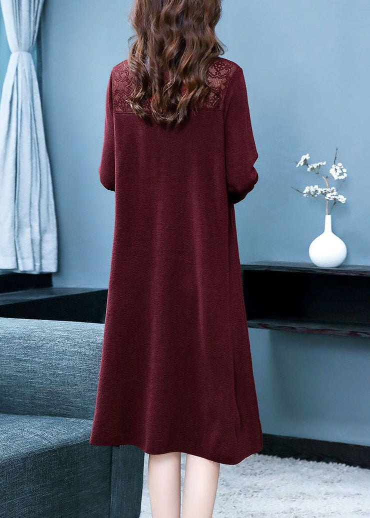 Italian Red Stand Collar Patchwork Oriental Cashmere Knitwear Dress Winter