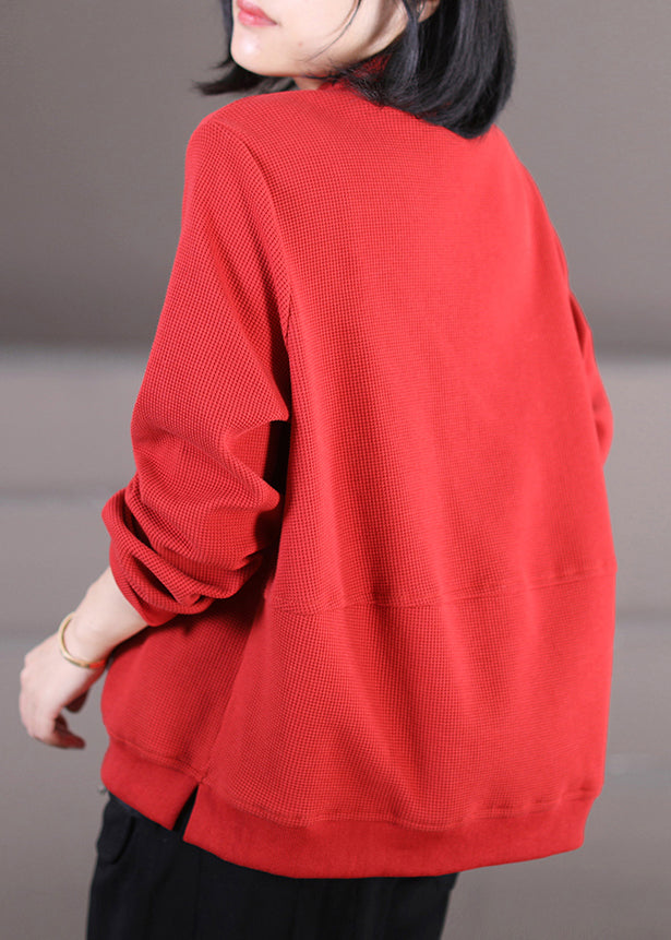 Italian Red Stand Collar Zippered Patchwork Sweatshirt Fall