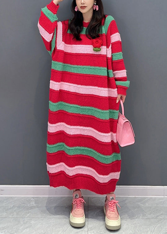 Italian Red Striped O Neck Patchwork Cotton Knit Dresses Fall